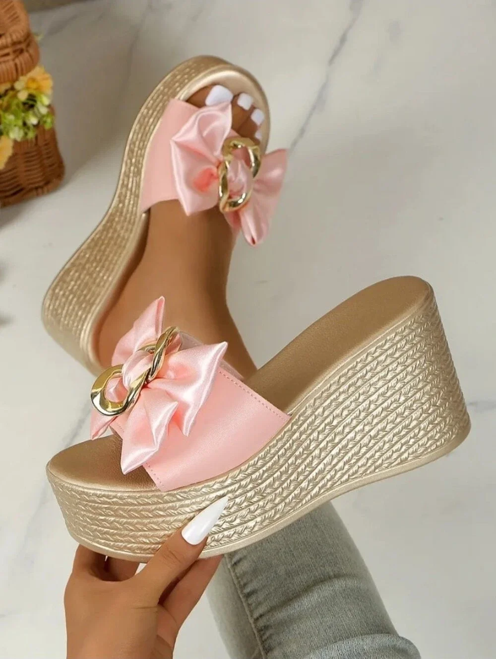 Gold Chain Oversized Bow Platform Open Toe Shoes Slip On Coquette Sandals Pink
